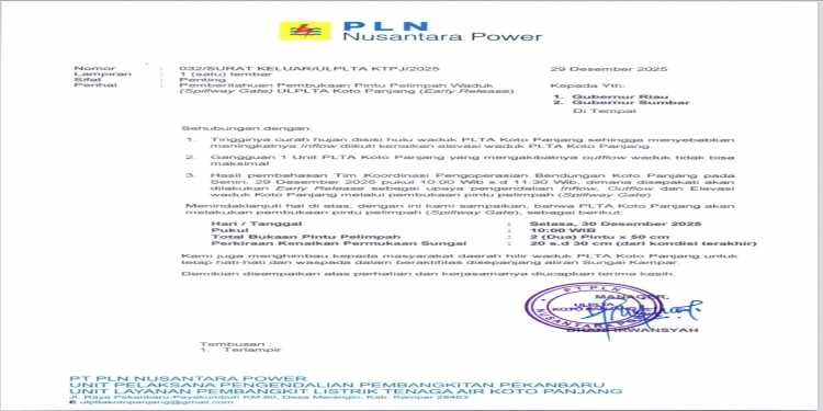 Pemberitahuan Pembukaan Pintu Pelimpah Waduk PLTA Koto Panjang