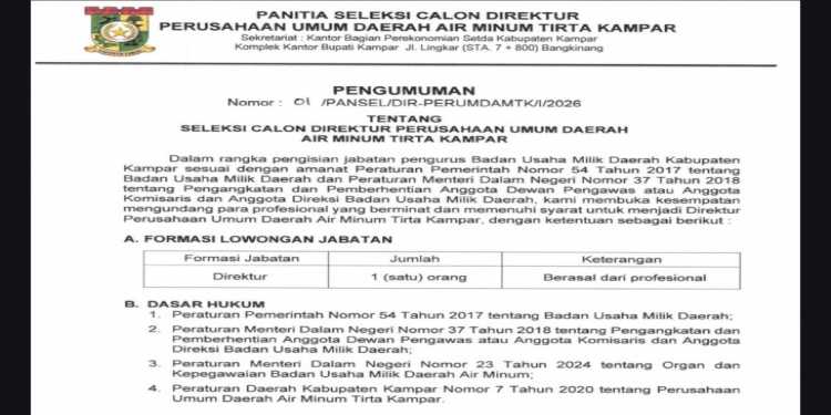 SELEKSI CALON DIREKTUR PERUSAHAAN UMUM DAERAH AIR MINUM TIRTA KAMPAR