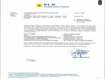 Pemberitahuan Pengurangan Tinggi Bukaan Pintu Pelimpah Waduk ULPLTA Koto Panjang