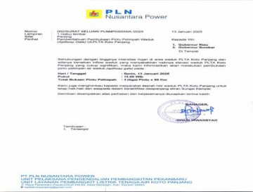 Pemberitahuan Pembukaan Pintu Pelimpah Waduk PLTA Koto Panjang