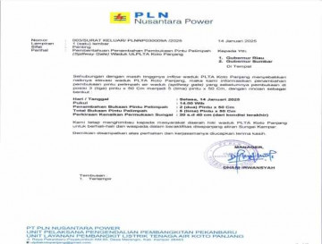 Pemberitahuan Pembukaan Pintu Pelimpah Waduk PLTA Koto Panjang