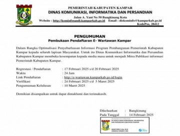 Pengumuman Pembukaan Pendaftaran E-Wartawan Kampar