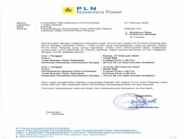 Pemberitahuan Pembukaan Pintu Pelimpah Waduk PLTA Koto Panjang